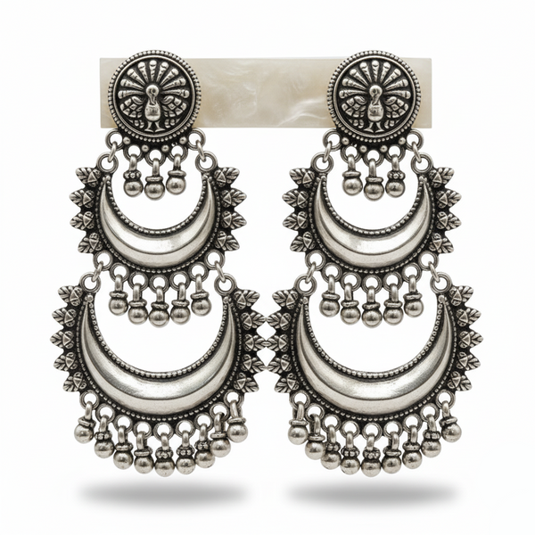Pair of silver earrings on a white background