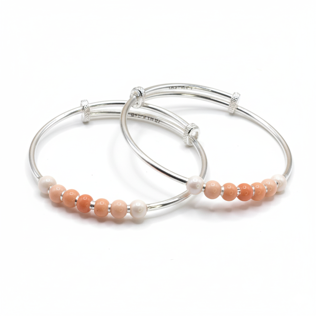 Peach Pearl Silver Bracelet Set