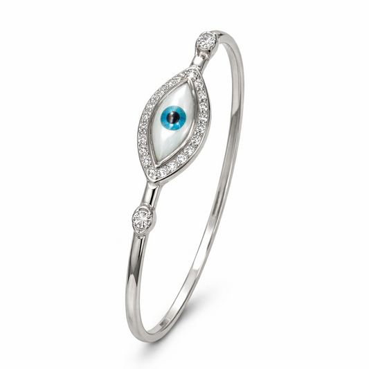 Silver bracelet with eye design and blue gemstone on a white background