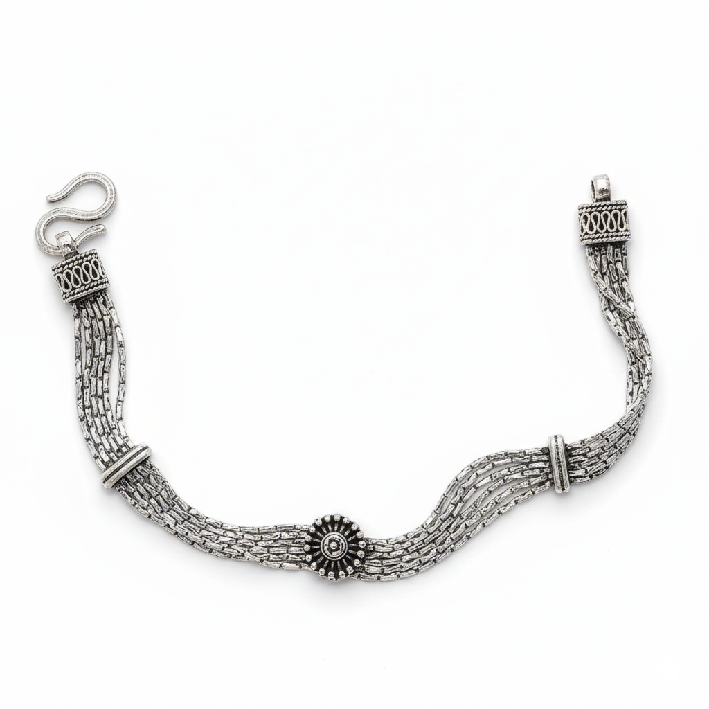 Floral Harmony Oxidised Silver Bracelet