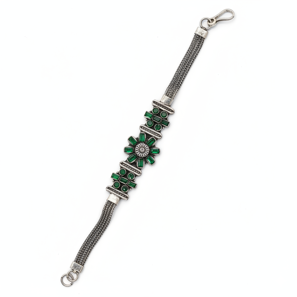Meher Green Stone Silver Bracelet